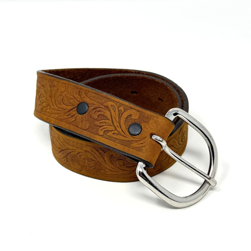 Justin C30219 Kids Western Belt Size 22 Tooled Leather Brown Removable Buckle